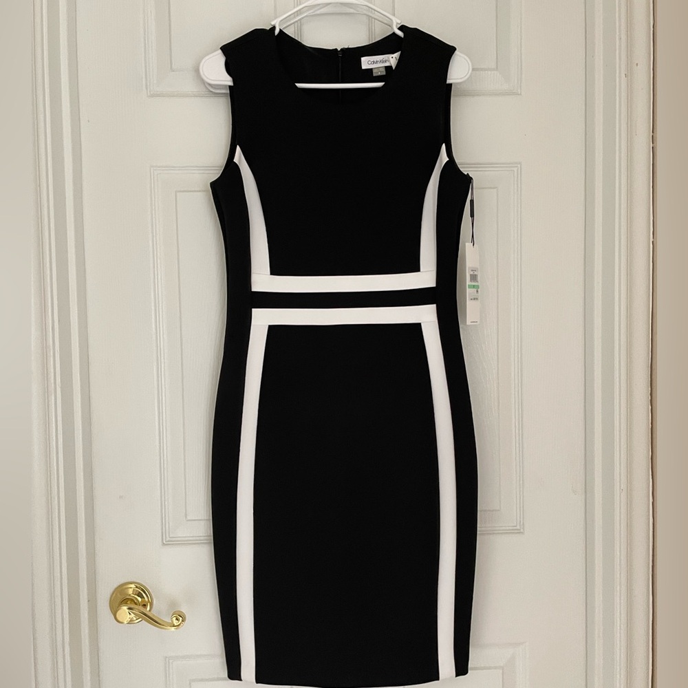 Calvin Klein Scuba Sheath Black/White Sleeveless Dress